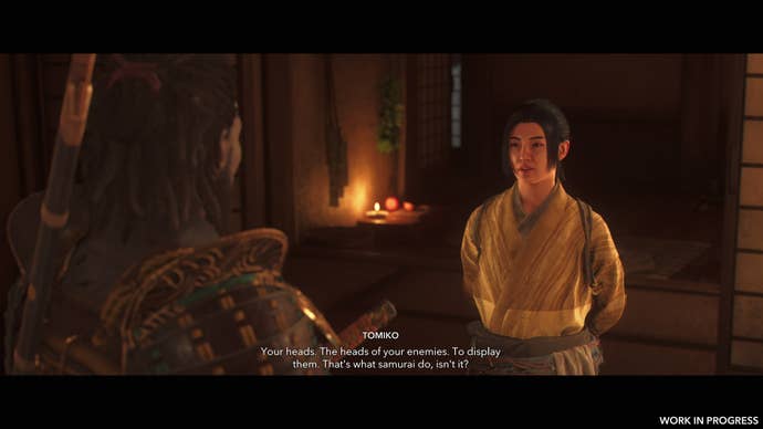 Yasuke talks to Tomiko about skewered heads in Assassin’s Creed Shadows.