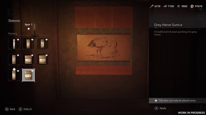 A sumi-e scroll of a heron from Assassin’s Creed Shadows.