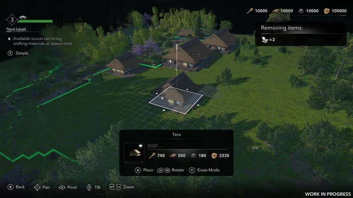 A top down view of the building mode in Assassin’s Creed Shadows, where the player is placing a Tera building.