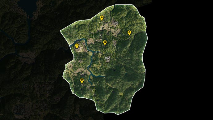 Parte del mapa de Assassin's Creed Shadows, con todo excepto la región de IGA Greyed, y todos los puntos de vista en la región marcados y numerados en amarillo.