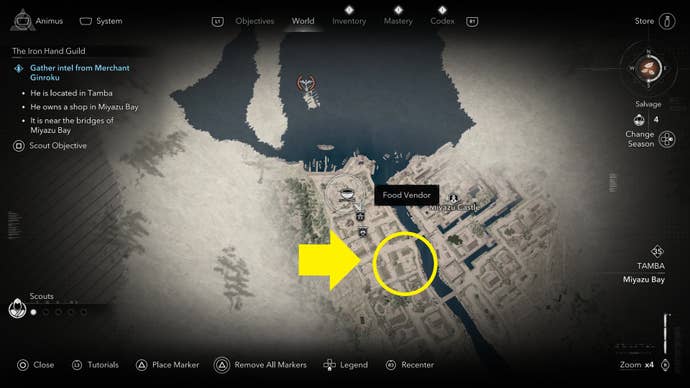 A map screen showing the location of the merchant, Ginroku’s shop, in Assassin’s Creed Shadows.