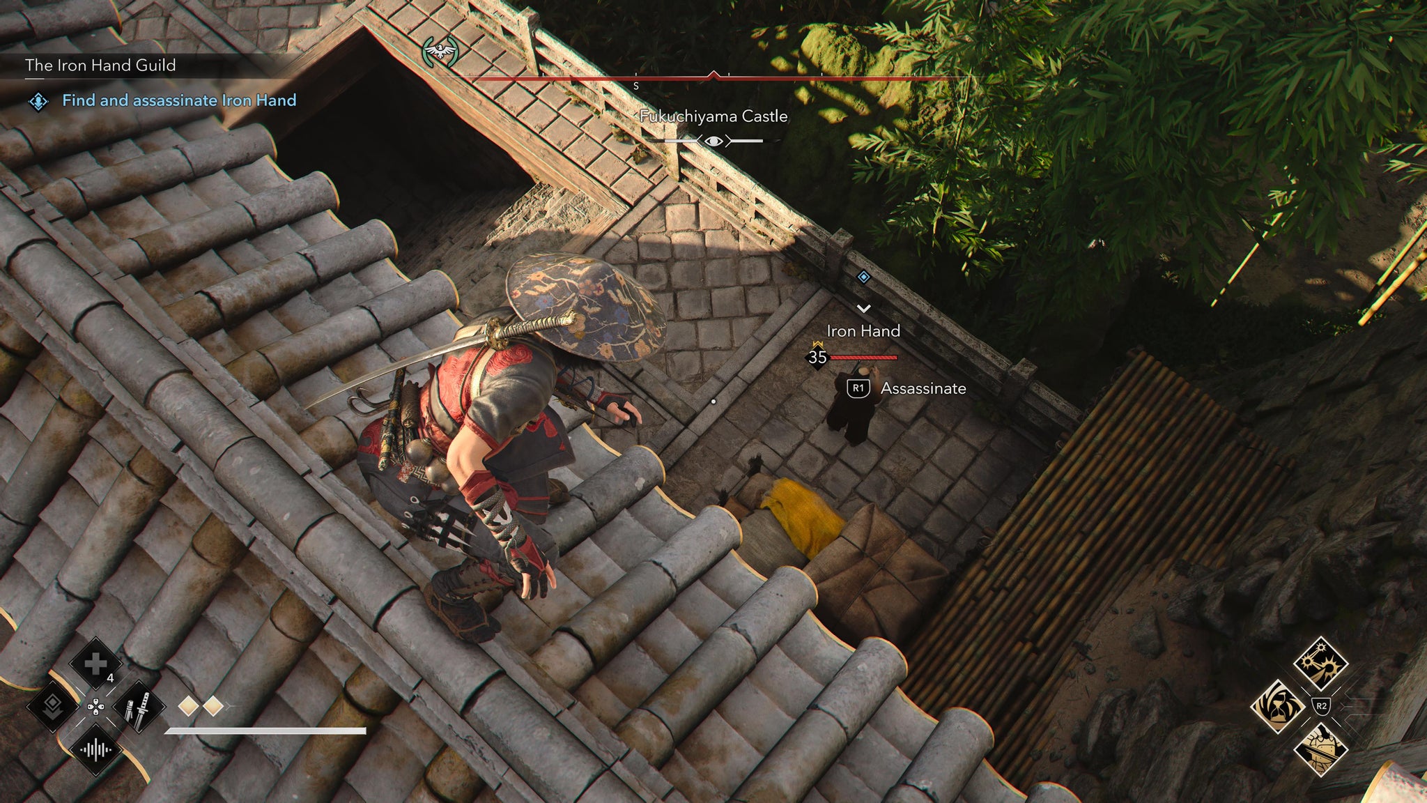 Naoe perched on a rooftop overlooking the Iron Hand in Assassin's Creed Shadows. - 18