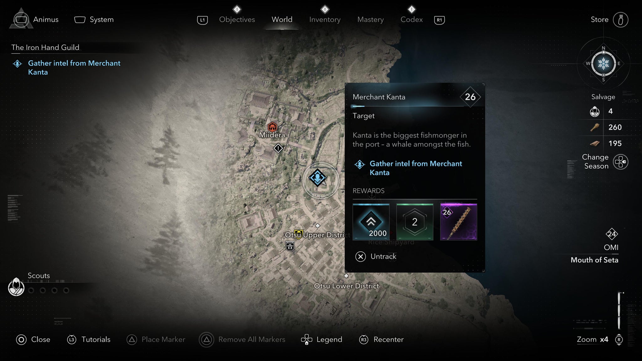 A map screen showing the location of the Iron Hand Guild member Kanta in Assassin's Creed Shadows. - 8
