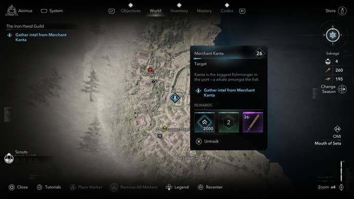 A map screen showing the location of the Iron Hand Guild member Kanta in Assassin’s Creed Shadows.
