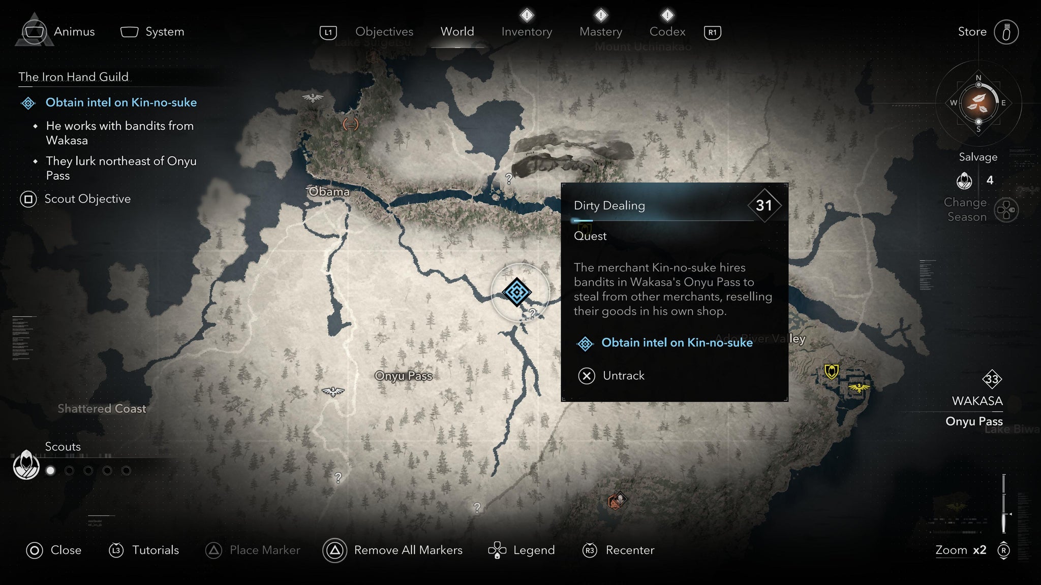 A map screen showing the location of a cache of information on the Merchant, Kin-no-suke, in Assassin's Creed Shadows. - 10