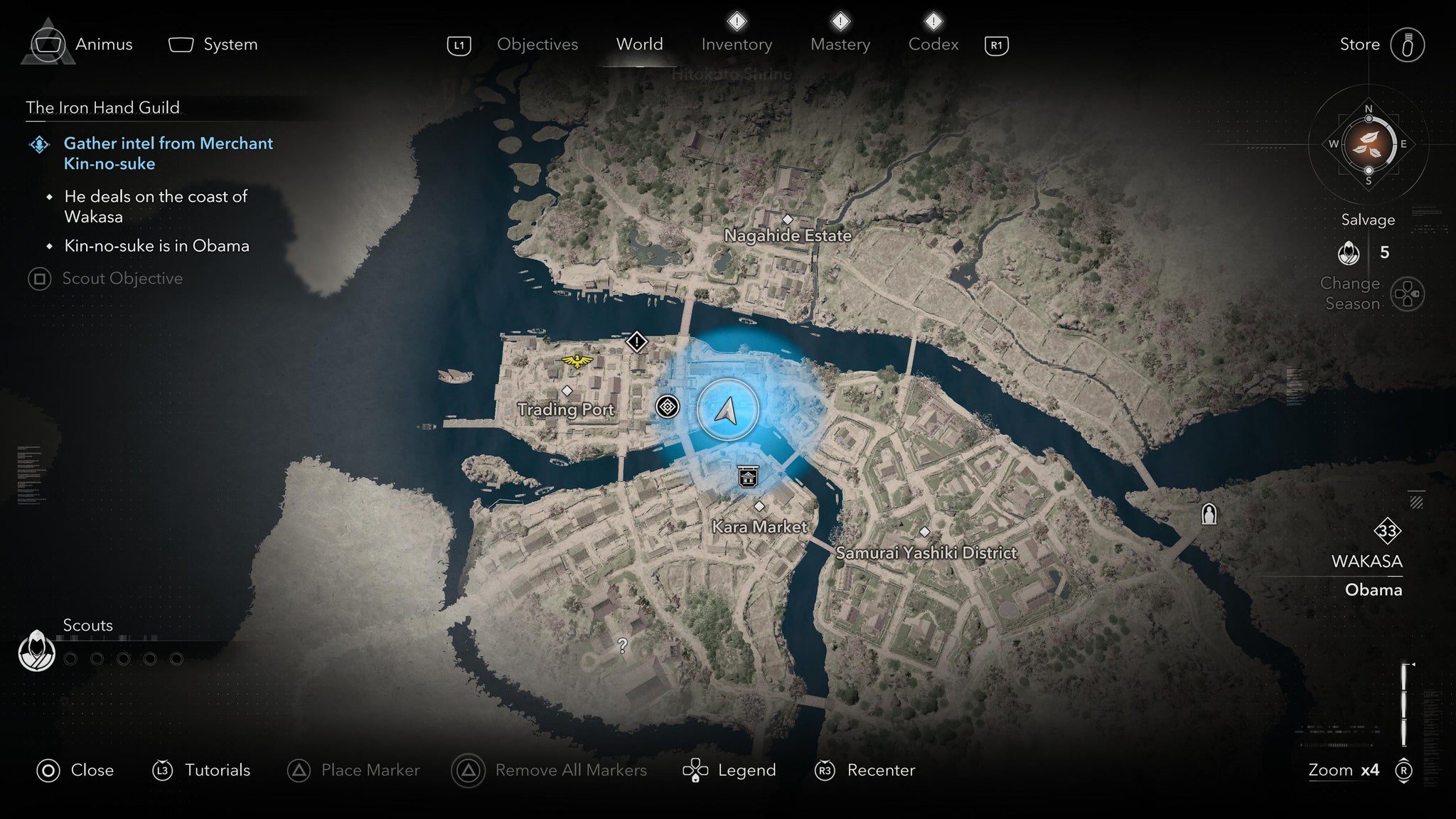 A map screen showing the location of the Iron Hand Guild merchant, Kin-no-suke, in Assassin's Creed Shadows. - 12