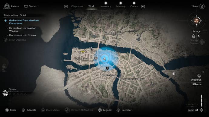 A map screen showing the location of the Iron Hand Guild merchant, Kin-no-suke, in Assassin’s Creed Shadows.