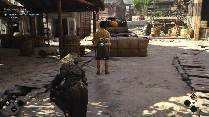 Naoe creeping up on Merchant Tamao from the Iron Hand Guild in Assassin’s Creed Shadows.