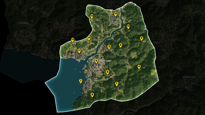 Parte del mapa de Assassin's Creed Shadows, con todo excepto la región de Izumi Settsu Greyed, y todos los puntos de vista en la región marcados y numerados en amarillo.