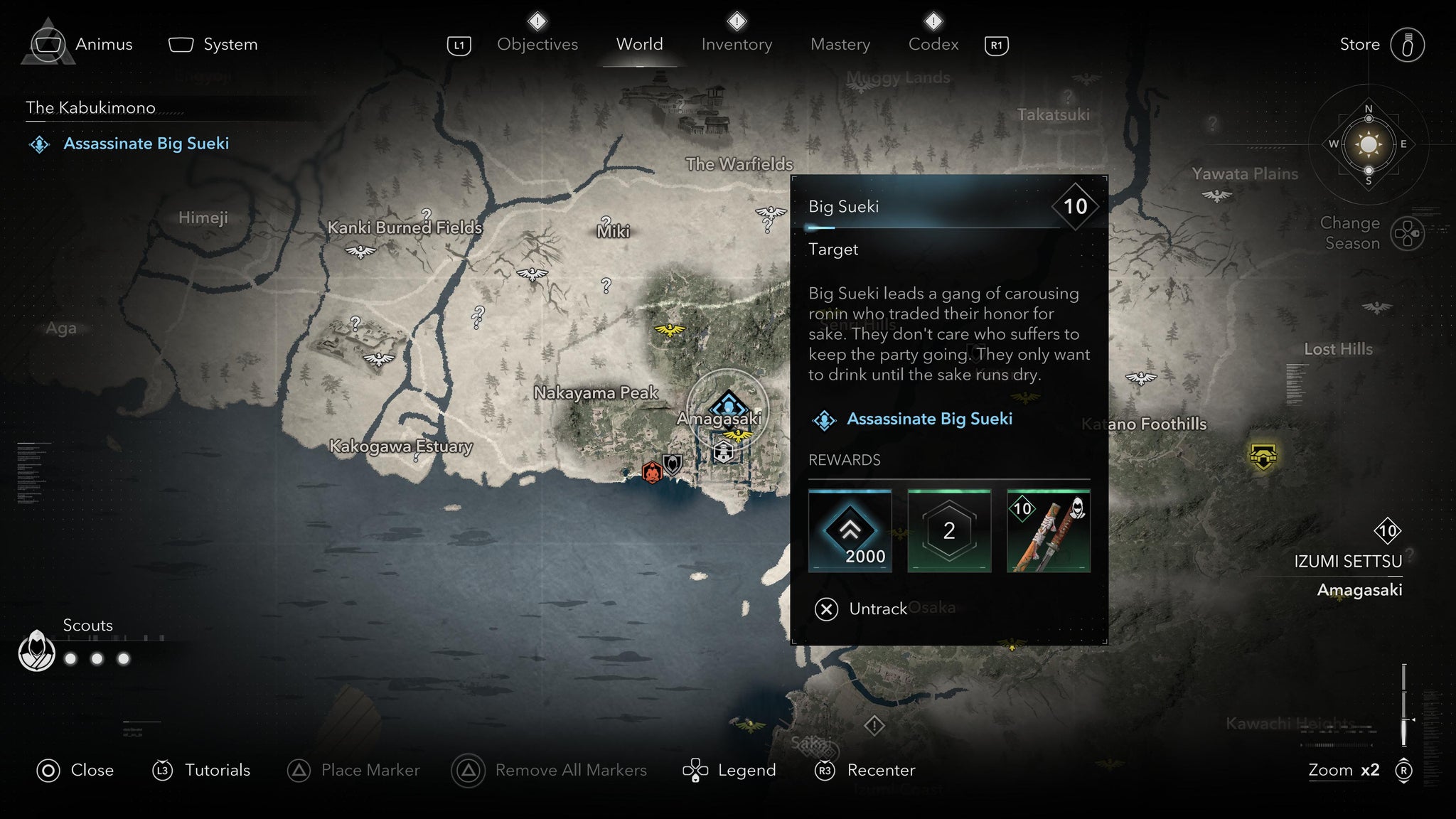 A map screen showing the location of the Kabukimono target, Big Sueki, in Assassin's Creed Shadows. - 5