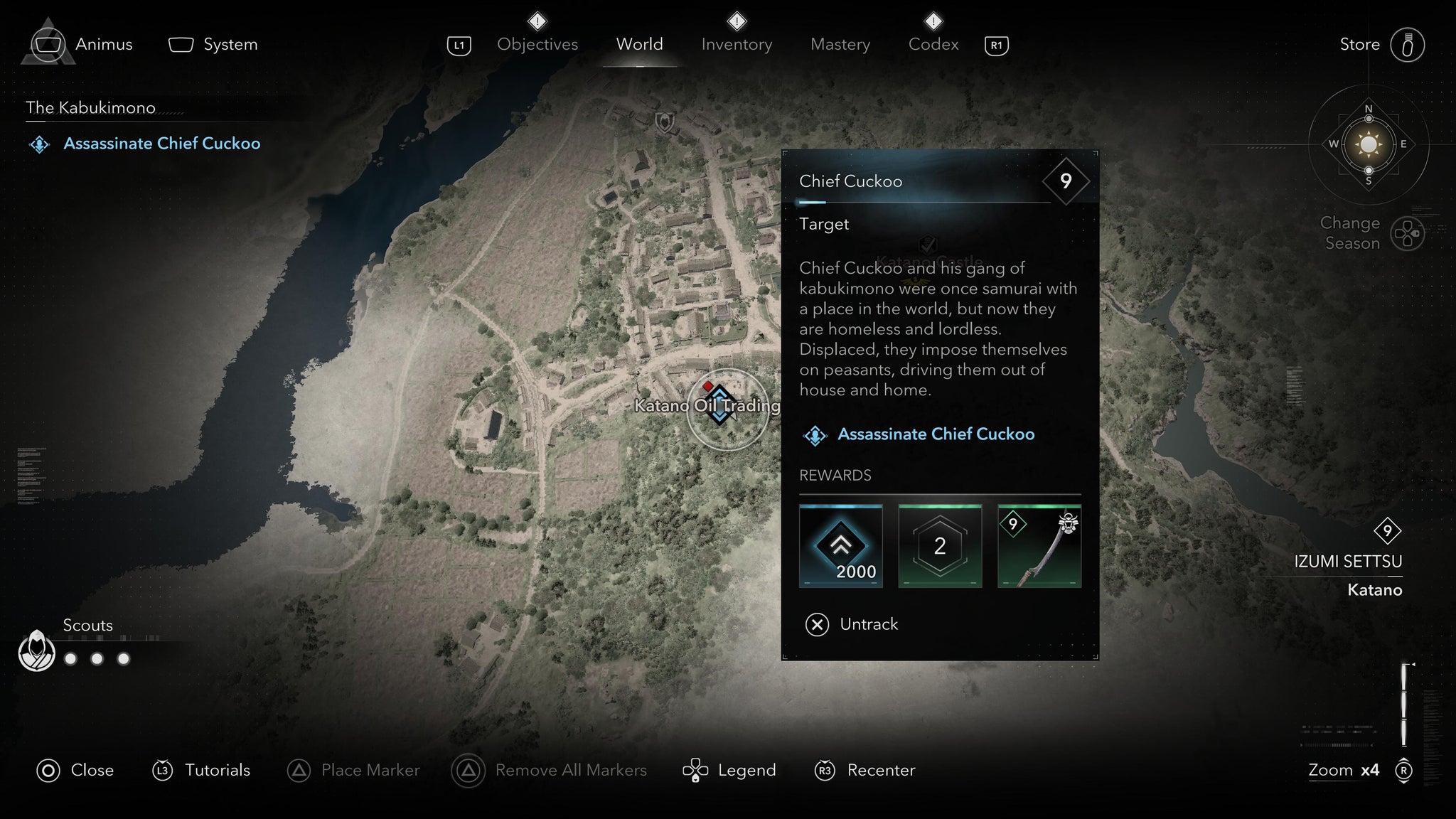 A map screen showing the location of the Kabukimono target, Chief Cuckoo, in Assassin's Creed Shadows. - 3