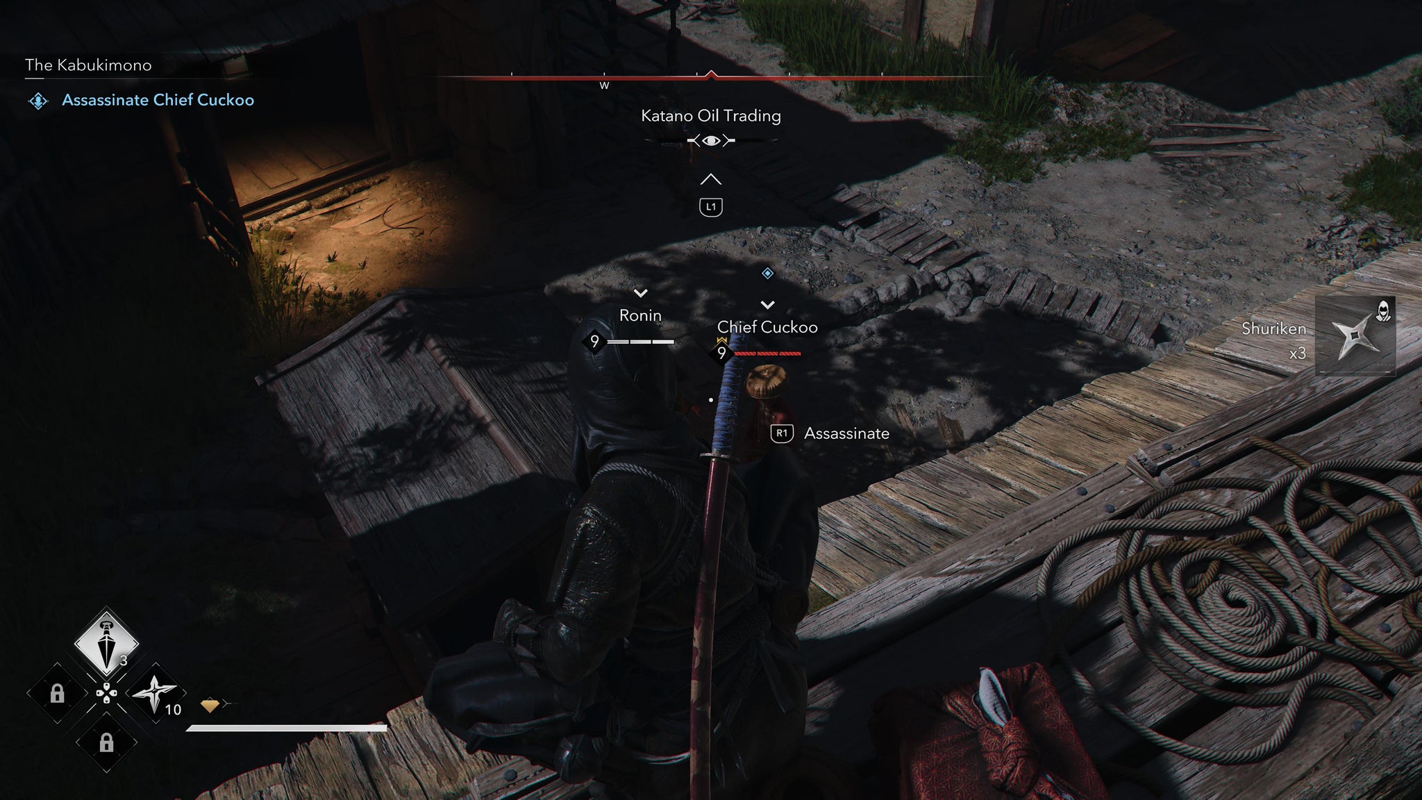 Naoe overlooking the Kabukimono target, Chief Cuckoo, from a rooftop in Assassin's Creed Shadows. - 4