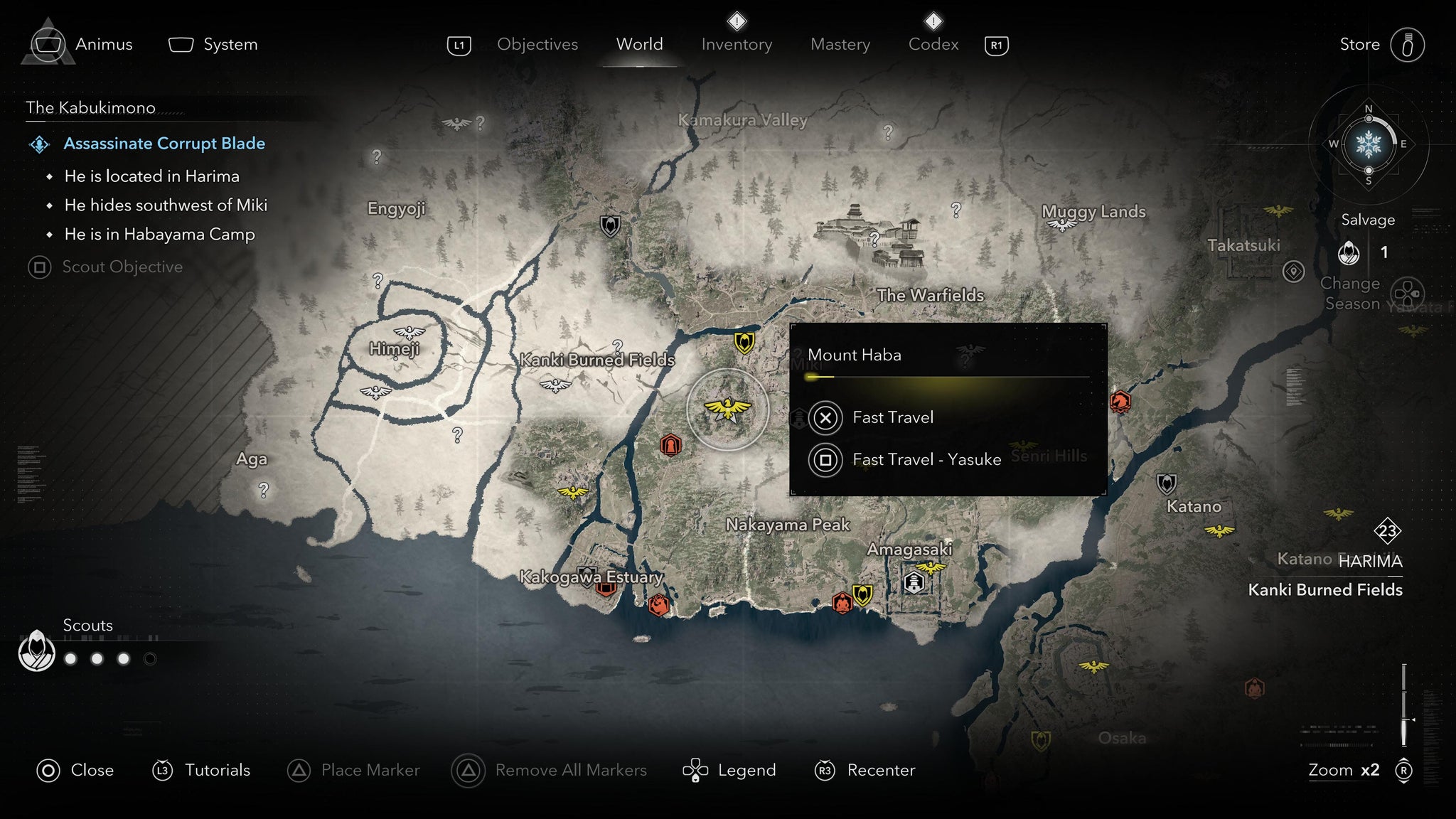 A map screen showing the location of the Corrupt Blade Kabukimono in Assassin's Creed Shadows. - 14