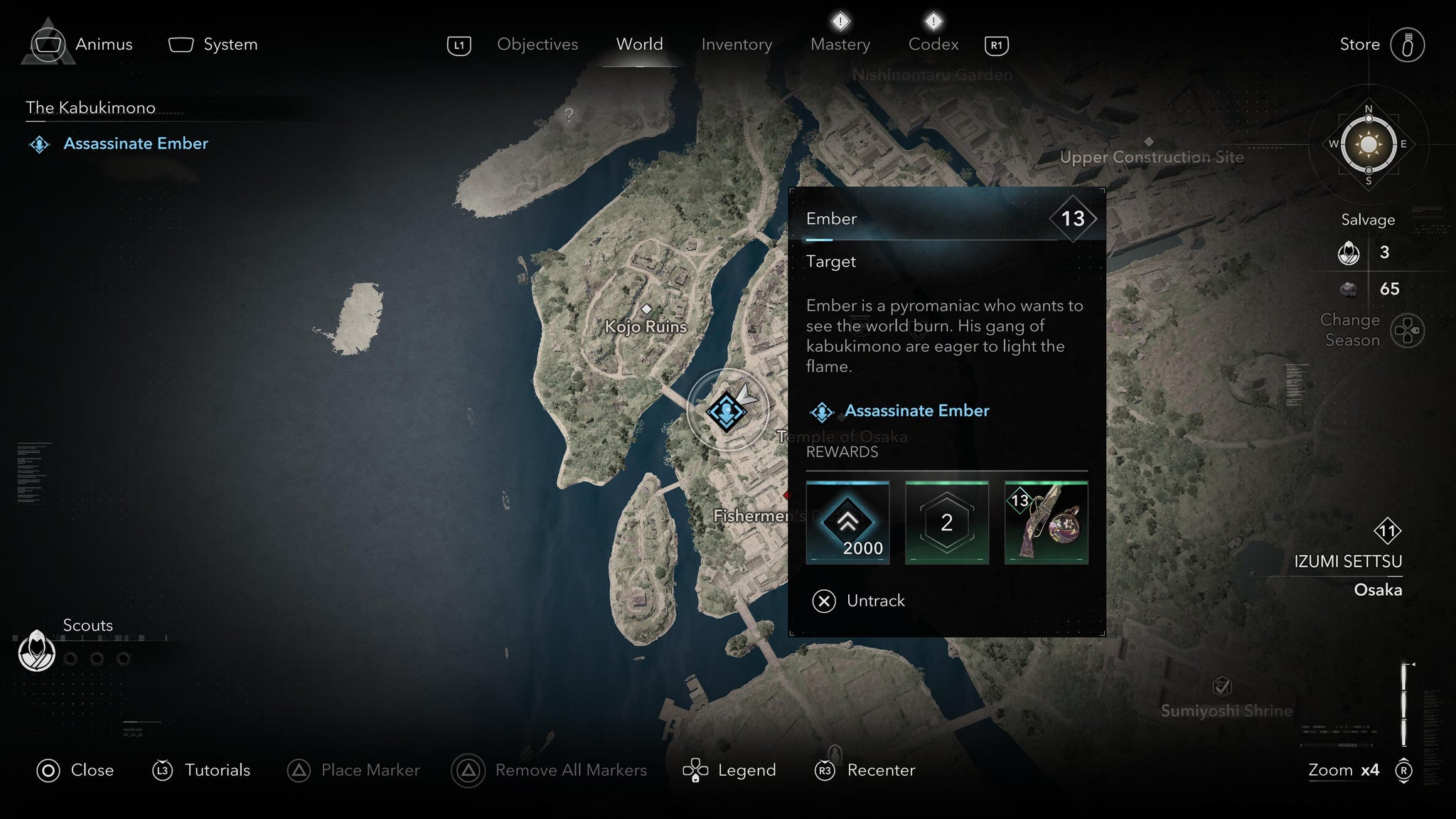 A map screen showing the location of the Kabukimono target, Ember, in Assassin's Creed Shadows. - 7