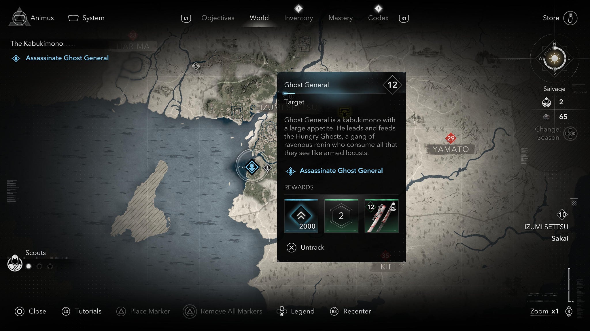 A map screen showing the location of the Kabukimono target, Ghost General, in Assassin's Creed Shadows. - 11