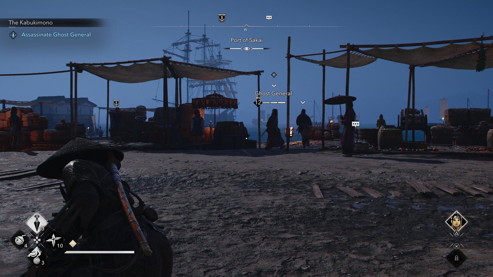 Naoe crouching down to avoid the vision of the Kabukimono target, Ghost General, in Assassin's Creed Shadows. - 12