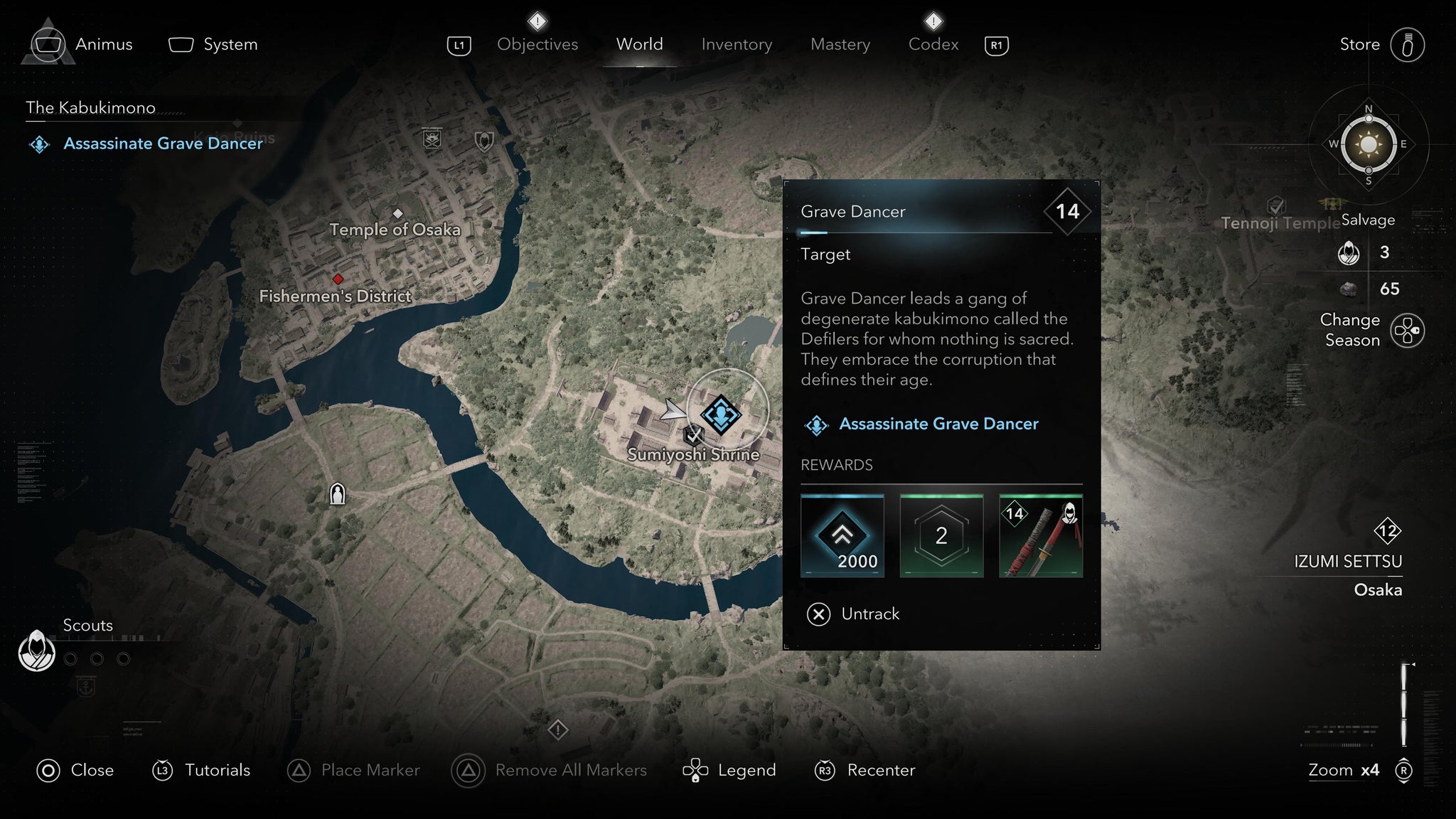 A map screen showing the location of the Kabukimono target, Grave Dancer, in Assassin's Creed Shadows. - 9