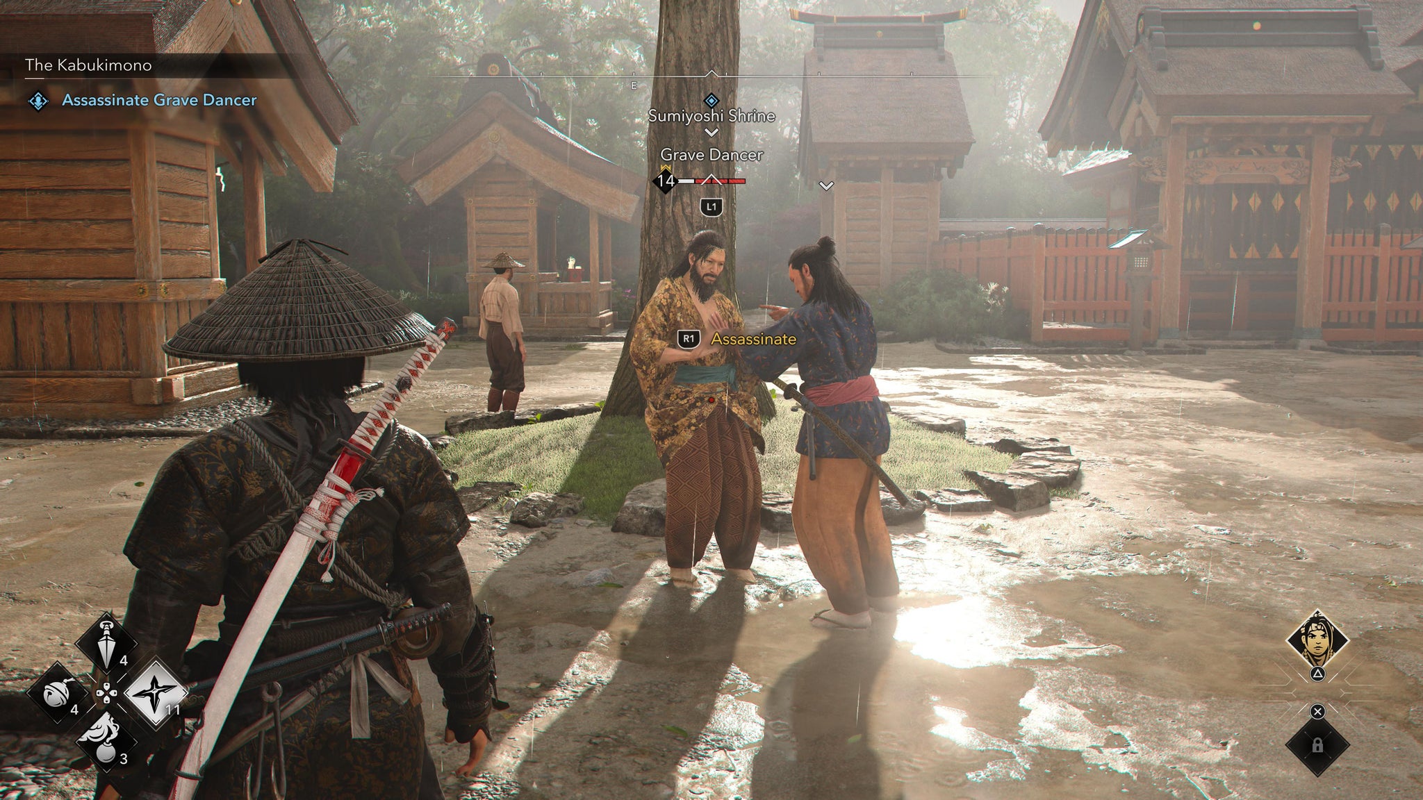 Naoe stealthily approaching the Kabukimono target, Grave Dancer, in Assassin's Creed Shadows. - 10