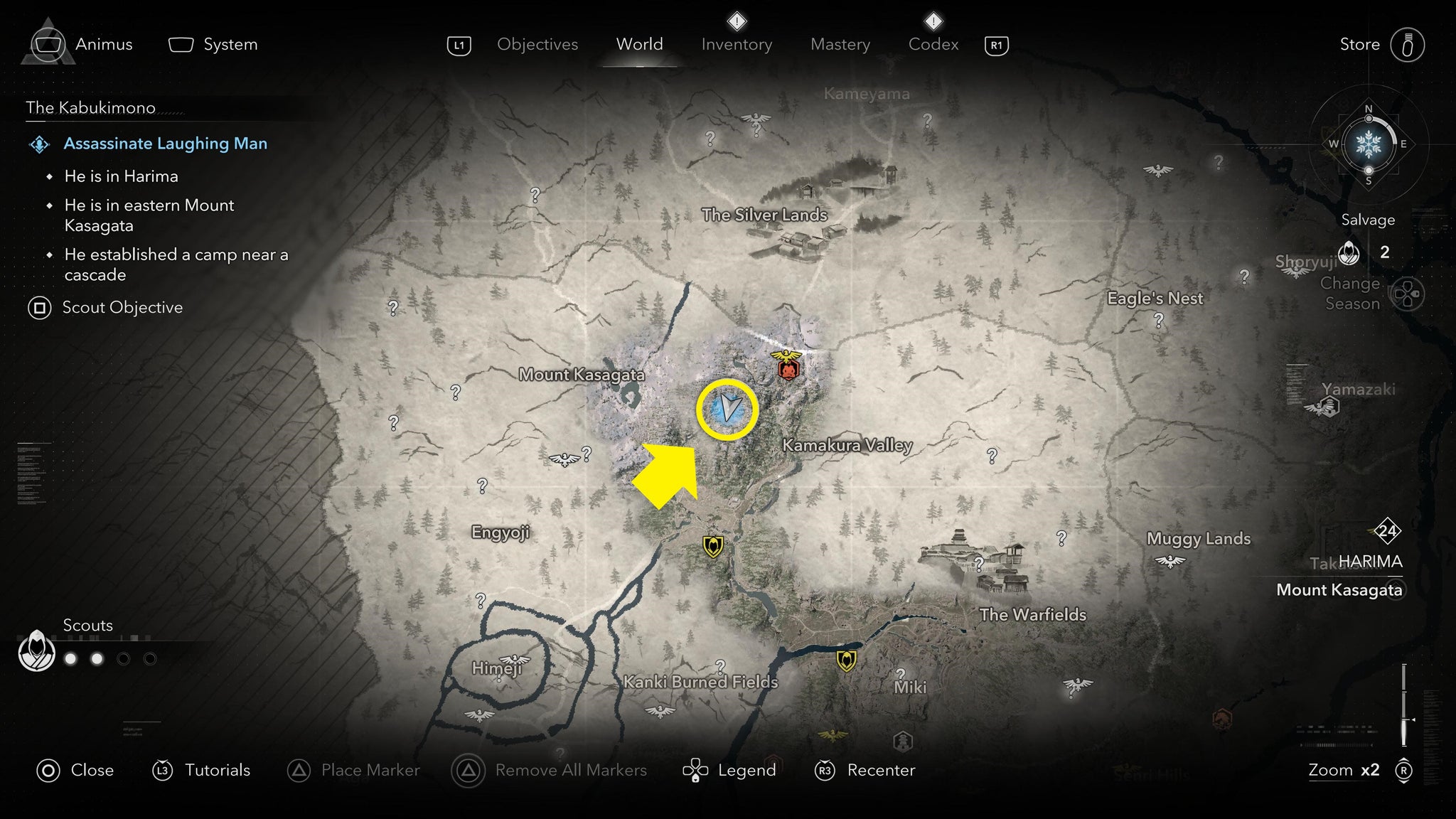 A map screen showing the location of the Laughing Man Kabukimono, with a yellow circle around his hideout and an arrow pointing towards it. - 16