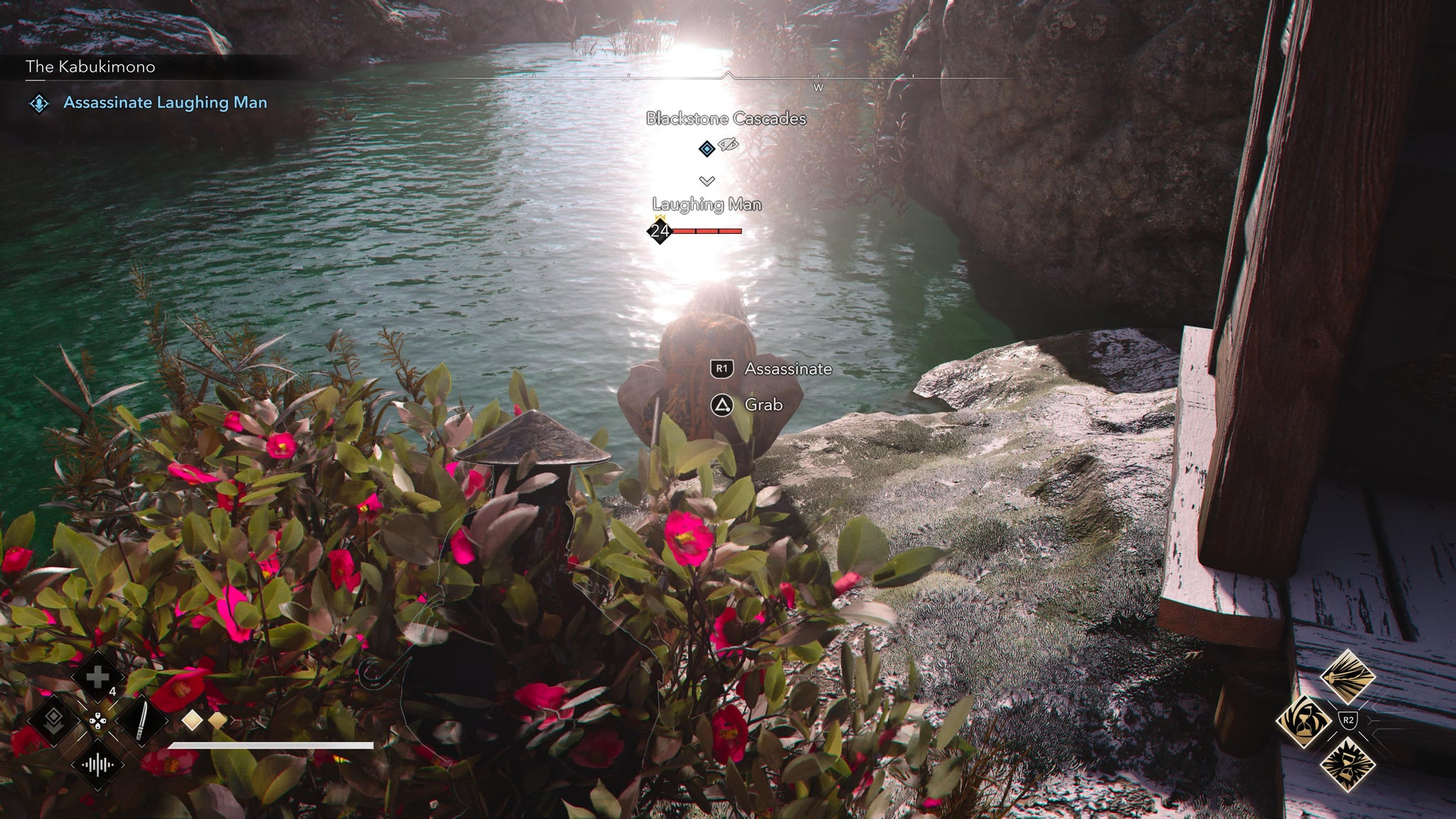 Naoe sneaking up behind the Laughing Man Kabukimono in Assassin's Creed Shadows. - 17