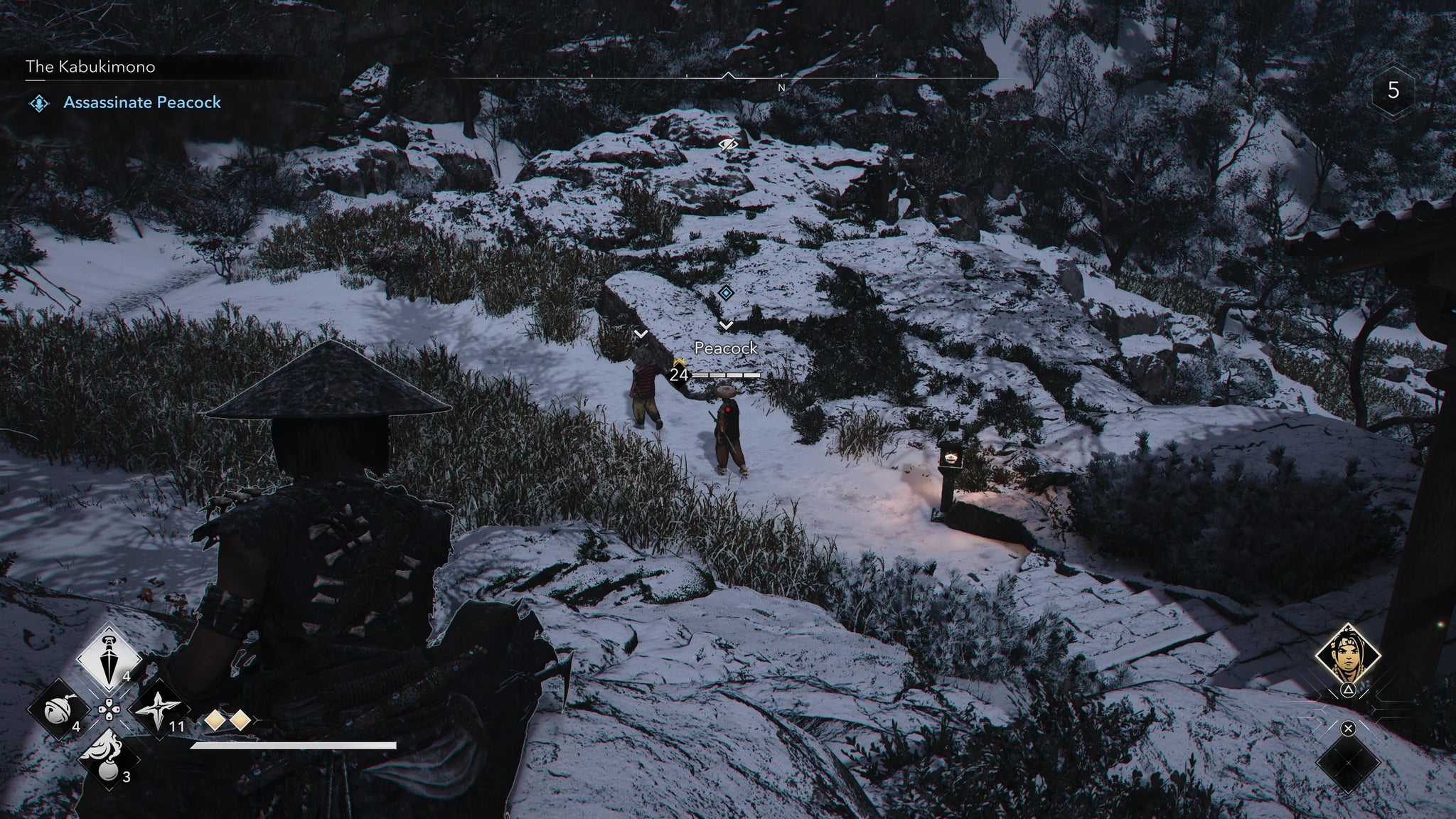 Naoe crouching on a ledge above the Peacock Kabukimono in Assassin's Creed Shadows. - 19