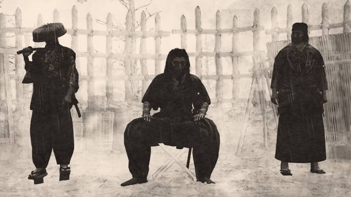 A stylised black and white silhouette screenshot of three Kabukimono, the central one sitting down, all facing the camera against a white background.