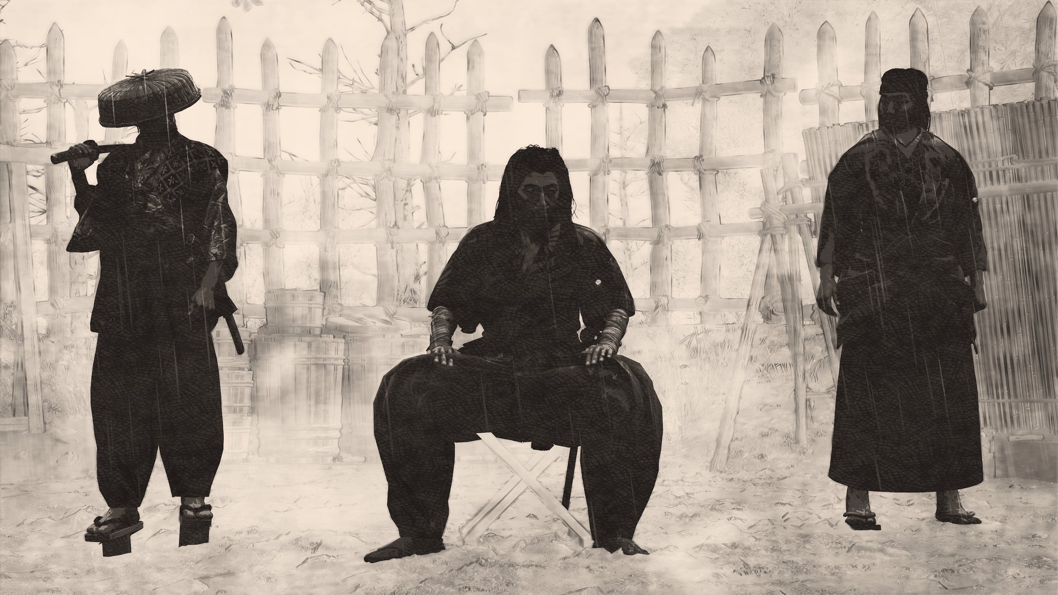 A stylised black and white silhouette screenshot of three Kabukimono, the central one sitting down, all facing the camera against a white background. - 1