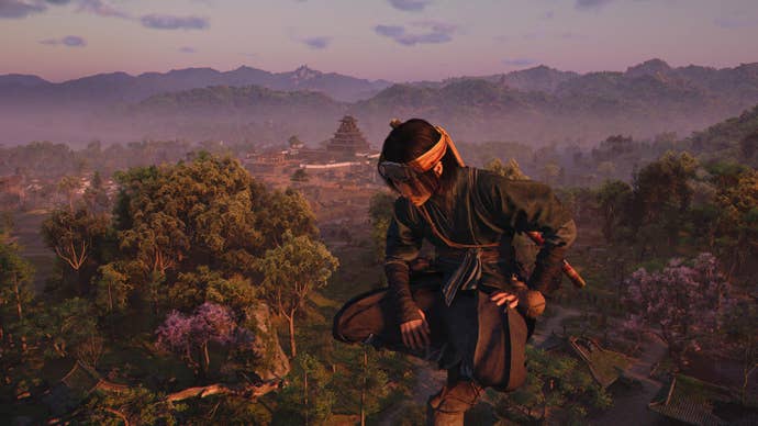 Naoe perched on top of a pagoda in Assassin’s Creed Shadows.