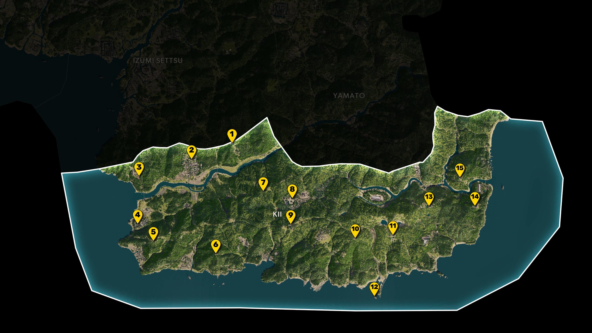 Part of the map of Assassin's Creed Shadows, with everything except the region of Kii greyed out, and all Viewpoints in the region marked and numbered in yellow. - 11