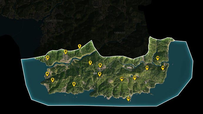 Parte del mapa de Assassin's Creed Shadows, con todo excepto la región de Kii Greyed, y todos los puntos de vista en la región marcados y numerados en amarillo.