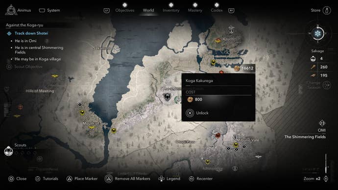 A map screen showing the location of Koga Village in Assassin’s Creed Shadows.