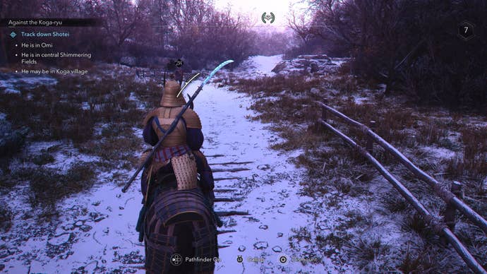 Yasuke riding a horse along a snowy road in search of Shotei in Assassin’s Creed Shadows.