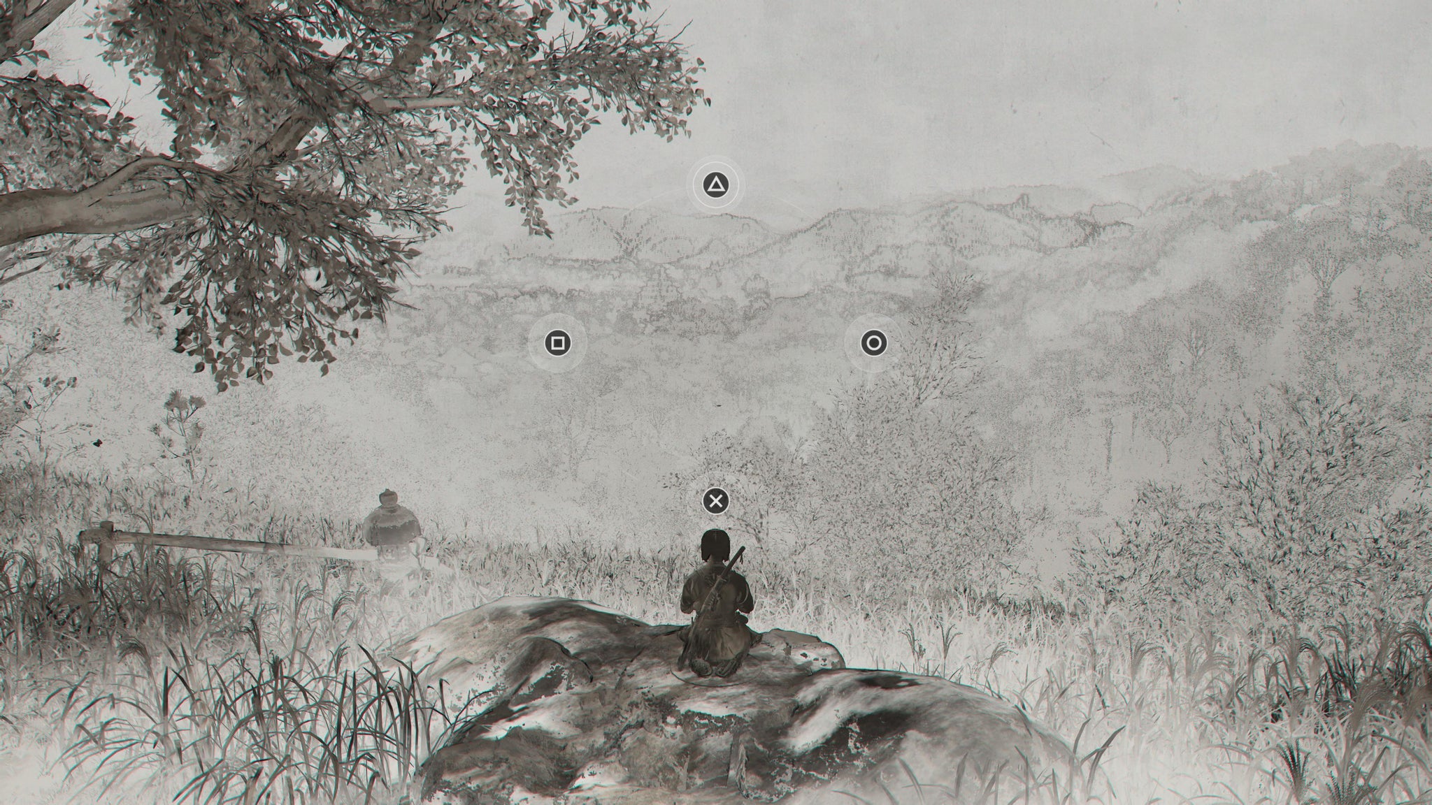 Naoe doing Kuji-kiri meditation in Assassin's Creed Shadows. Four player inputs are displayed on screen. - 9