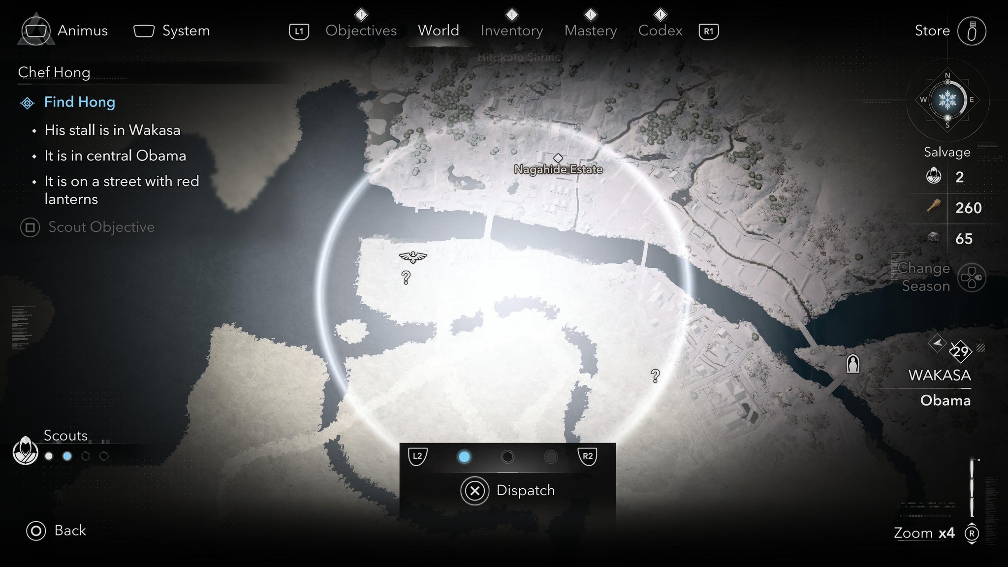 The Assassin's Creed Shadows world map with a large white pulsing circle in the middle and a text box reading 'dispatch' displayed at the bottom. - 4