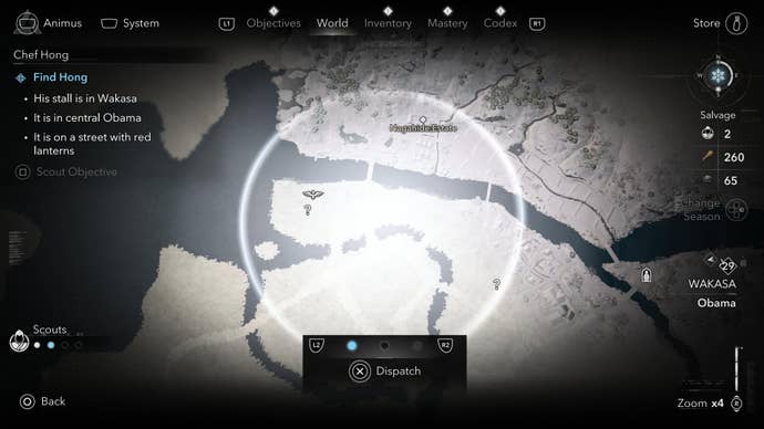 The Assassin’s Creed Shadows world map with a large white pulsing circle in the middle and a text box reading ‘dispatch’ displayed at the bottom.