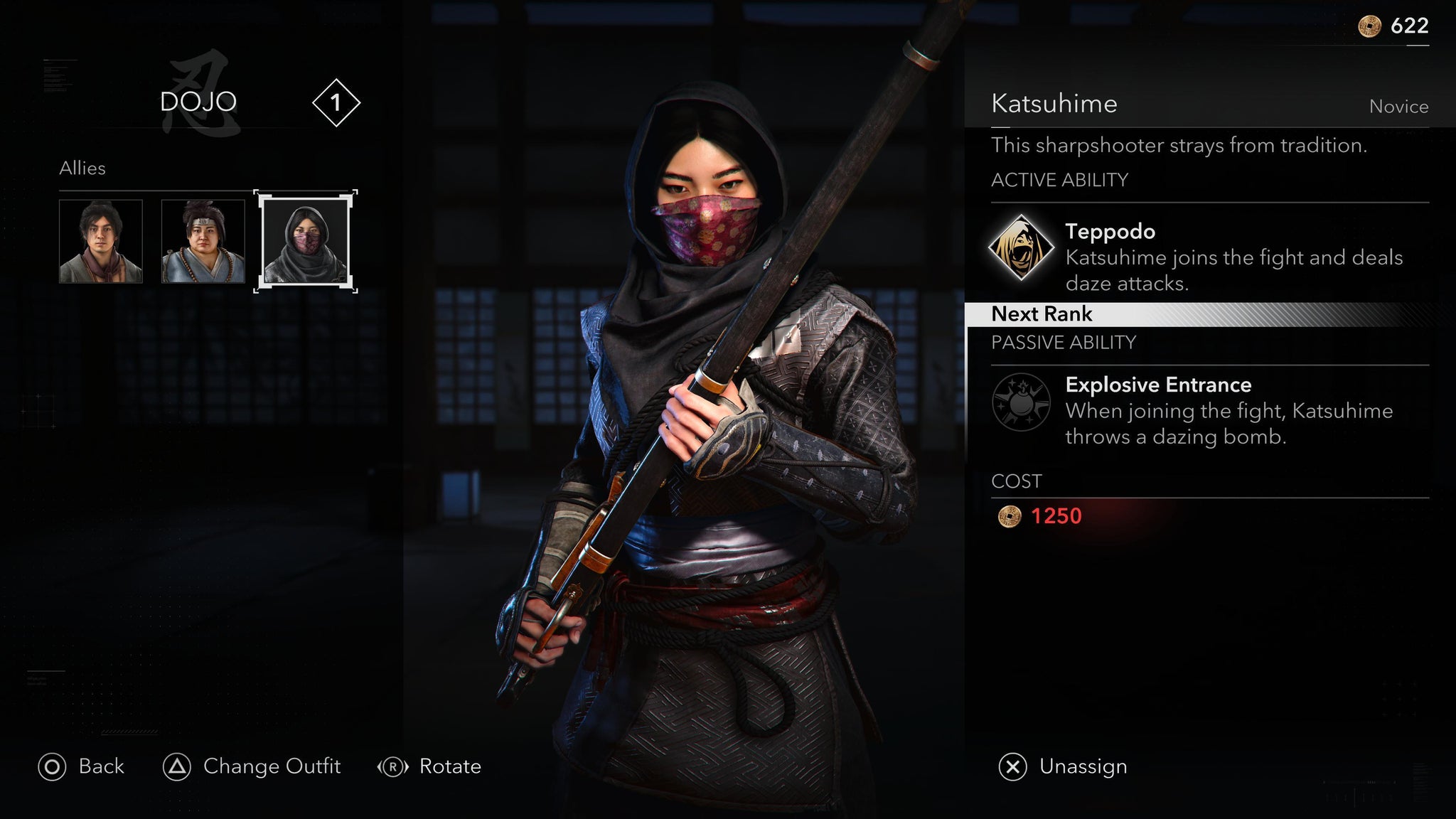 The dojo screen in Assassin's Creed shadows, displaying recruited allies on the left, with Katsuhime in the centre and her abilities displayed on the right. - 4