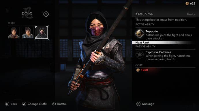 The dojo screen in Assassin’s Creed shadows, displaying recruited allies on the left, with Katsuhime in the centre and her abilities displayed on the right.