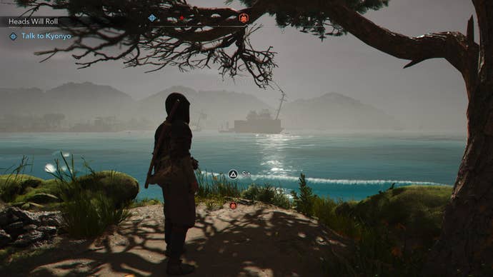 Standing at the Nakayama Peak Kuji-kiri location in Assassin’s Creed Shadows, looking out at an expansive view of the sea.