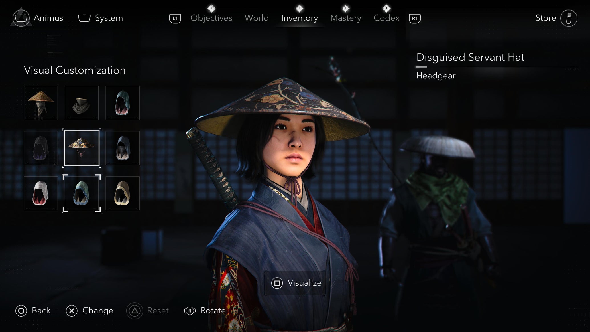 A close-up of Naoe in the Assassin's Creed Shadows menu with visual customizing of her headgear to a conical hat. - 1