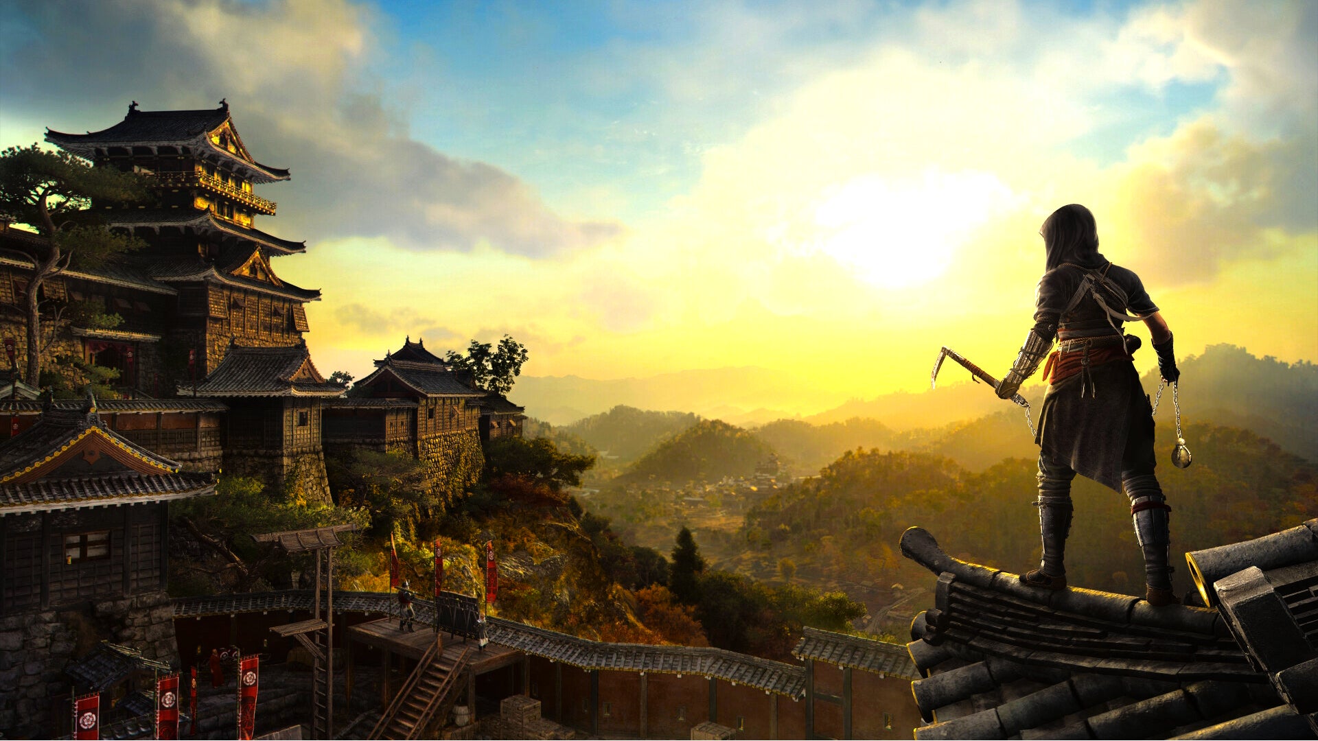 Naoe stands on a rooftop in Assassin's Creed Shadows, looking towards a hostile castle with her Kusarigama in her hands. - 1