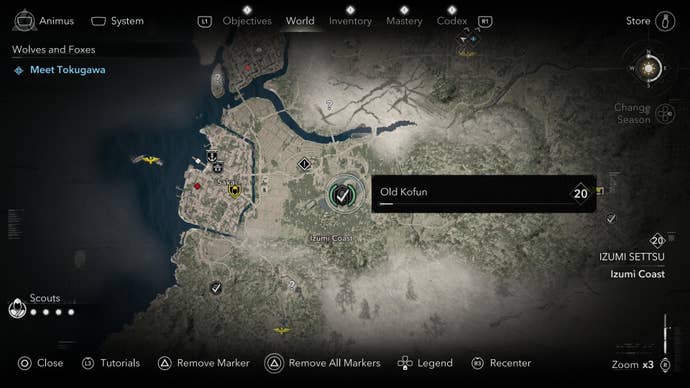 The world map of Assassin’s Creed Shadows, showing a highlighted point in the middle with a check mark and green brackets, with a text box to the right reading ‘Old Kofun’.