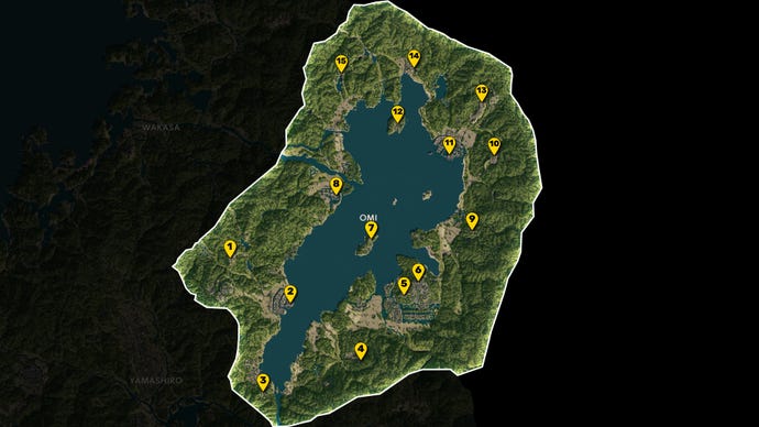 Parte del mapa de Assassin's Creed Shadows, con todo excepto la región de Omi Greyed, y todos los puntos de vista en la región marcados y numerados en amarillo.