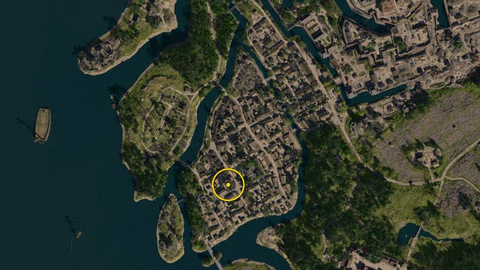 A zoomed in map of Osaka in Assassin’s Creed Shadows, with the location of the Blue Origami Butterfly marked with a yellow circle.