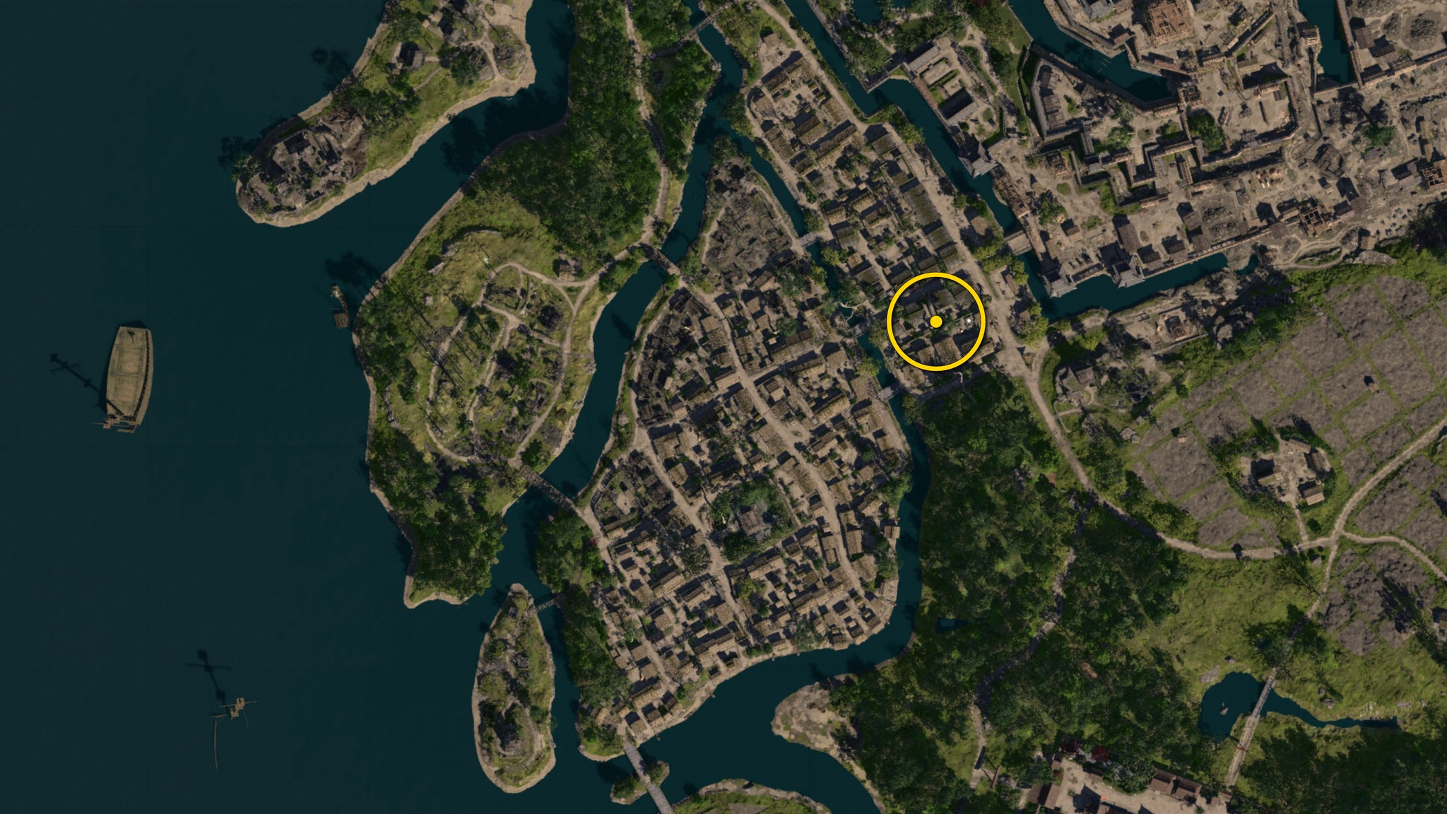 A zoomed in map of Osaka in Assassin's Creed Shadows, with the location of the Green Origami Butterfly marked with a yellow circle. - 4