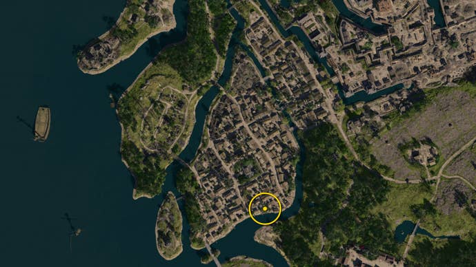 A zoomed in map of Osaka in Assassin’s Creed Shadows, with the location of the Orange Origami Butterfly marked with a yellow circle.