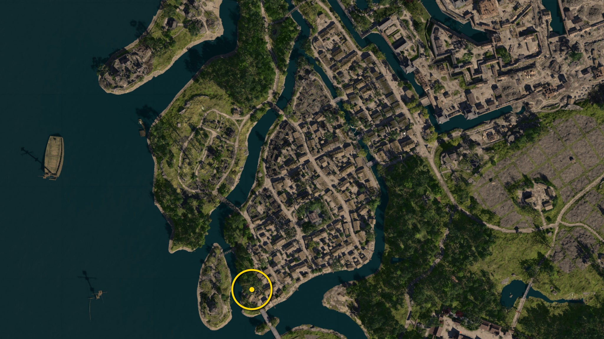 A zoomed in map of Osaka in Assassin's Creed Shadows, with the location of the Pink Origami Butterfly marked with a yellow circle. - 11