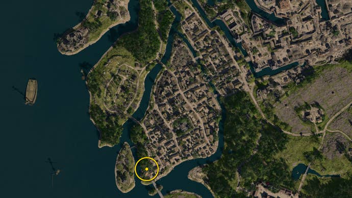 A zoomed in map of Osaka in Assassin’s Creed Shadows, with the location of the Pink Origami Butterfly marked with a yellow circle.