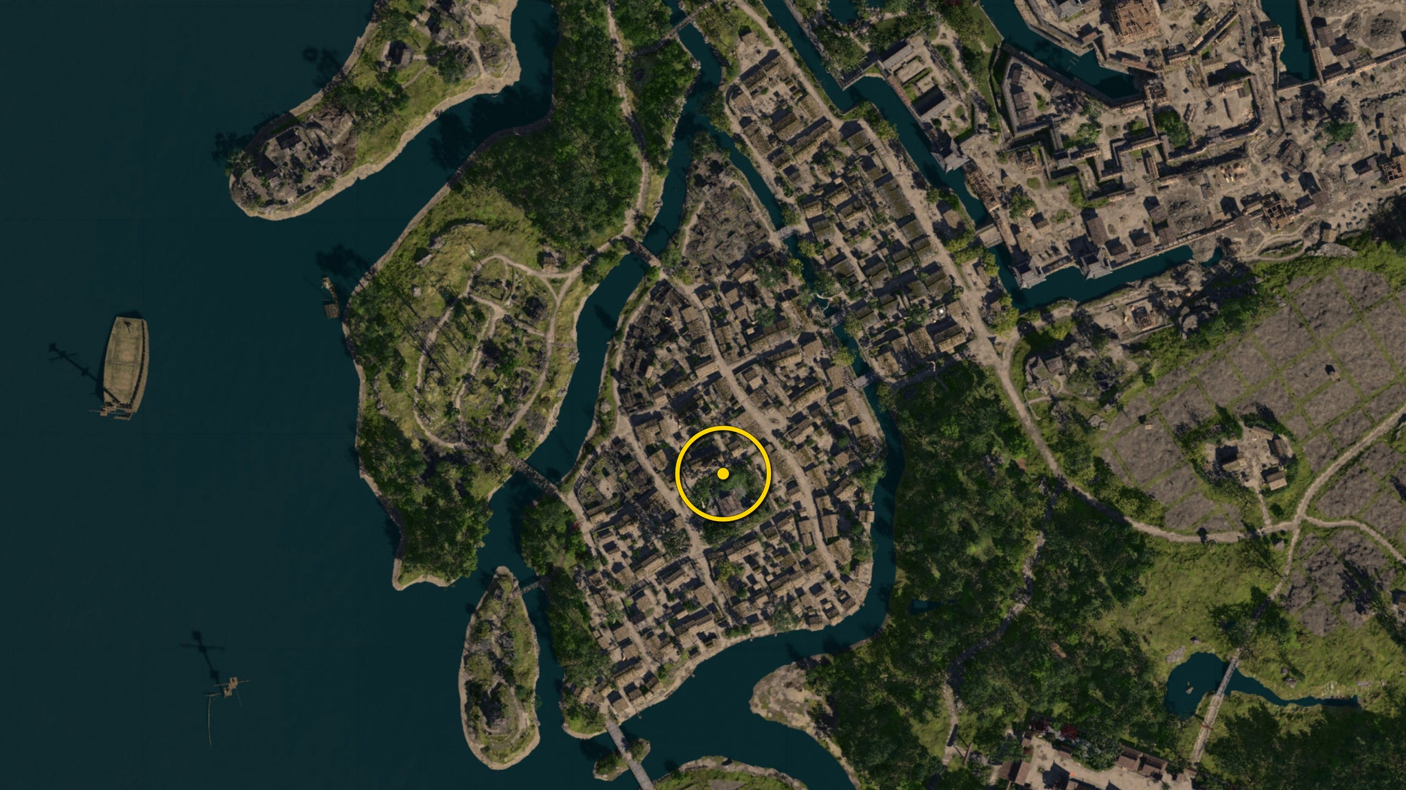 A zoomed in map of Osaka in Assassin's Creed Shadows, with the location of the Red Origami Butterfly marked with a yellow circle. - 8