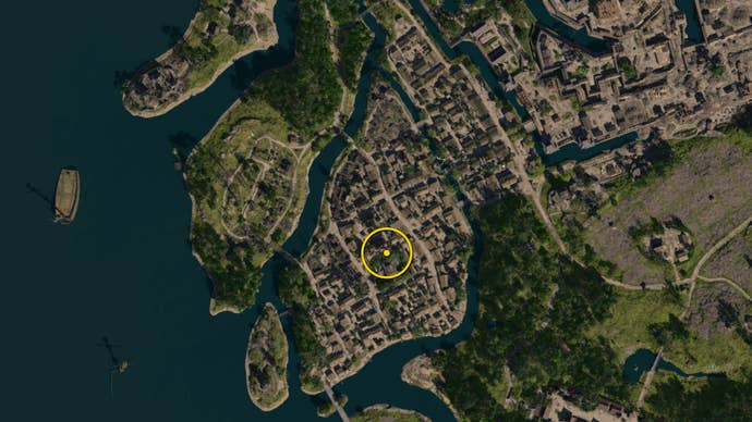 A zoomed in map of Osaka in Assassin’s Creed Shadows, with the location of the Red Origami Butterfly marked with a yellow circle.
