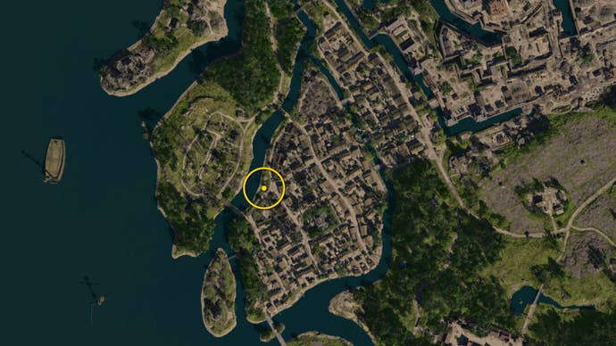 A zoomed in map of Osaka in Assassin’s Creed Shadows, with the location of a white Origami Butterfly marked with a yellow circle.